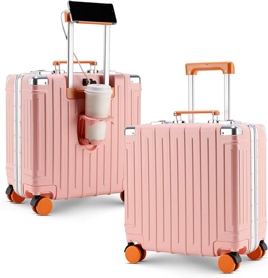 18 Inch Carry On Luggage Suitcase Locks TSA Approved Hardside Lightweight Suitcase with Cup Holder TSA Lock Carry On Luggage with USB Port Phone Holder Suitcases with 360° 8 Double Spinner Wheels