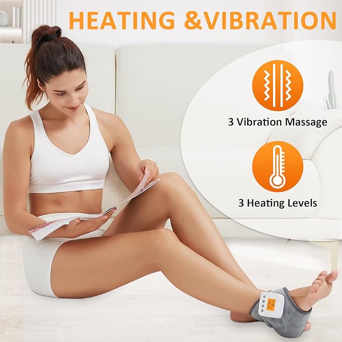 Ankle Massager for Pain Relief,Cordless Ankle Heating Pad with Heat Vibration Massage for Achilles Tendonitis,Rechargeable Heated Brace Wrap Warmer,3 Vibration and Heating, Auto Shut Off