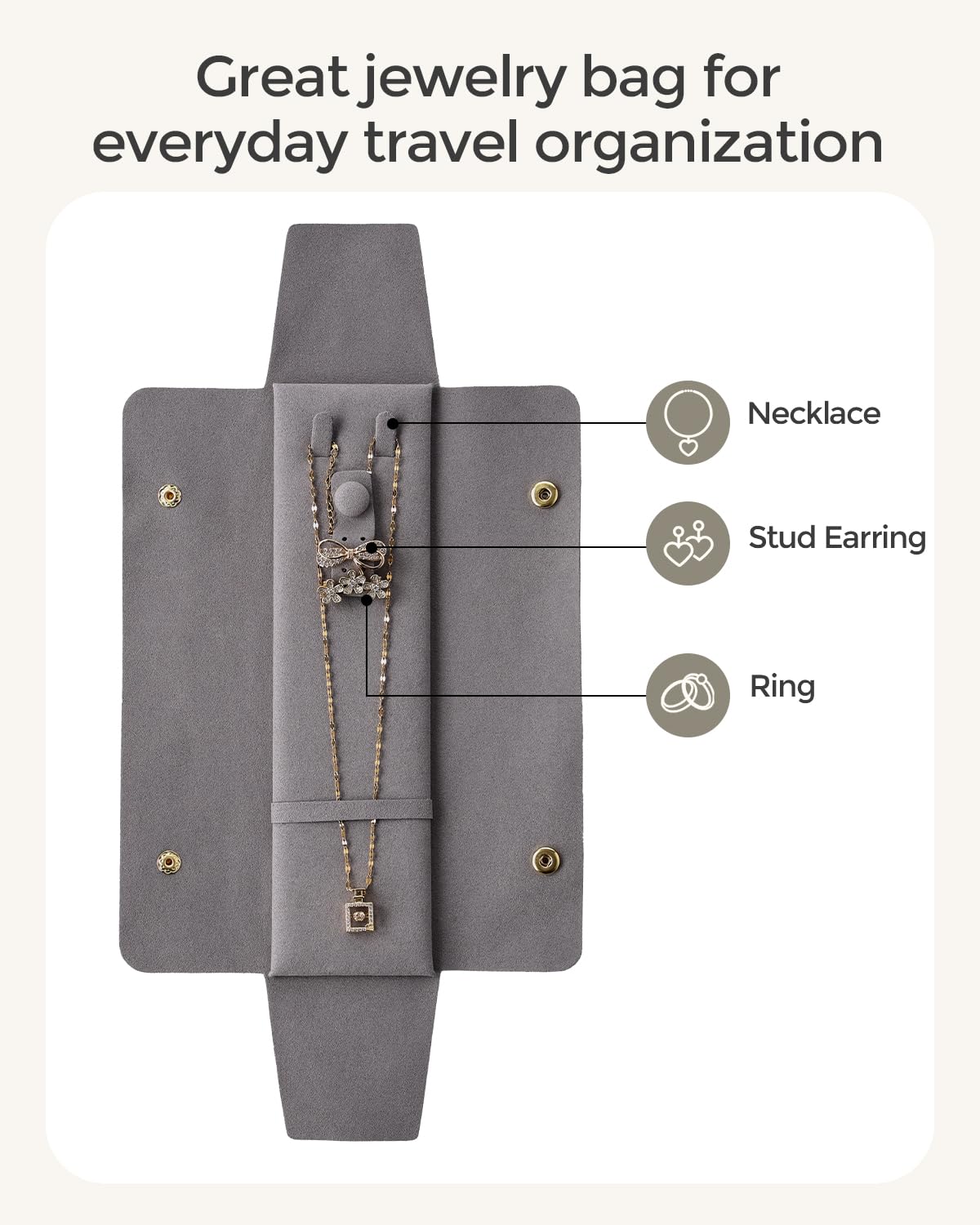 CASEGRACE Velvet Travel Jewelry Roll Bag Organizer for Necklaces, Rings, Earrings, Retaining Buckle, Anti-tangle, Everyday Storage Bag (Gray)