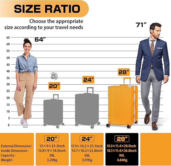 AnyZip Luggage Aluminium Frame Suitcase Hard Shell TSA Lock No Zipper 28In Orange