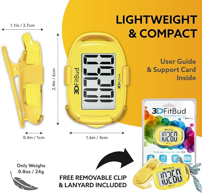 3DFitBud Simple Step Counter Walking 3D Pedometer by 3DActive with Clip, Lanyard Accurate Fitness Tracker for Men, Women & Elderly Daily Exercise - A420S