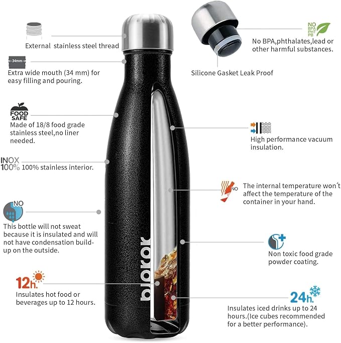 BJPKPK Insulated Water Bottles 17oz, Leak Proof Stainless Steel Water Bottle Keeps Cold for 24 Hours and Hot for 12 Hours, BPA Free,Black