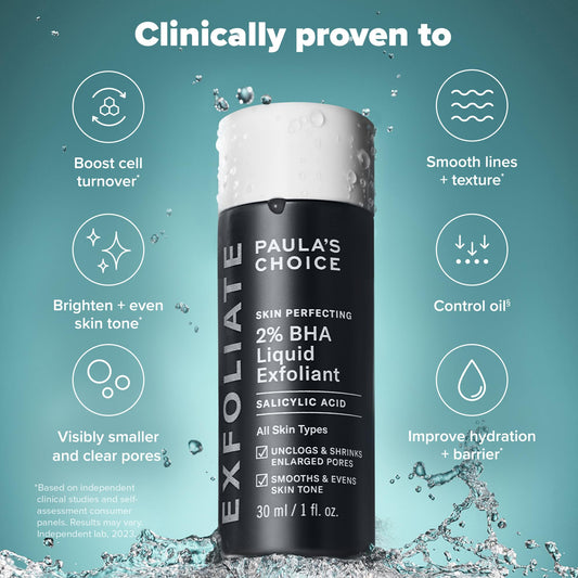 Paula's Choice Skin Perfecting 2% BHA Liquid Salicylic Acid Exfoliant, Gentle Facial Exfoliator for Blackheads, Large Pores, Wrinkles & Fine Lines, Travel Size, 1 Fluid Ounce