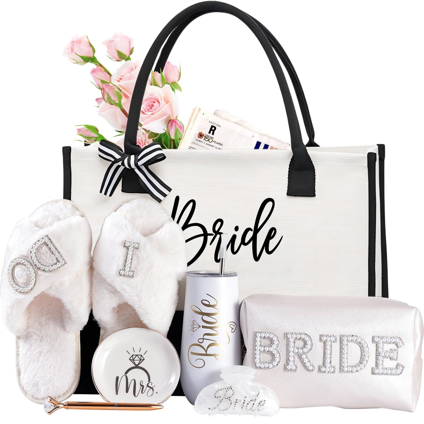 Bridal Shower Gifts–7-Piece Birde Gift Set with Tumbler, Tote, Slippers, Makeup Bag & More-Gift for Bride to be– Bachelorette Gifts for Her-Bridal Shower Decorations