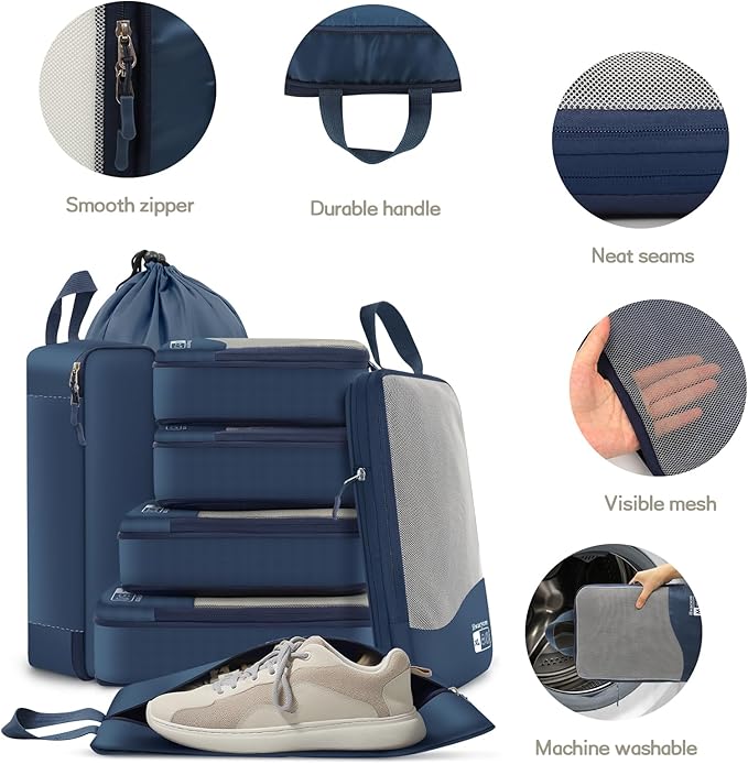 Compression Packing Cubes 8 Set, See-Through Mesh Compression Packing Cubes Travel for Carry on Women/Men, Dual Zipper Packing Bags for Suitcases, Luggage and Backpacks (Navy Blue)