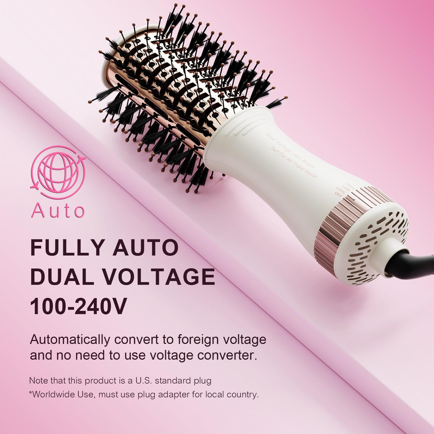 4-in-1 Travel Dual Voltage Hair Dryer Brush Blow Dryer Brush,Portable 2 inch Mini Hot Air Brush,Travel Hair Styler/Volumizer/Straightener/Curler,110-240V European Blow Dry Brush with EU&UK Plug