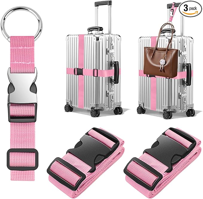 BILIONE 2Pcs Luggage Straps for Suitcases with Add A Bag Strap, Adjustable Luggage Identifiers Nylon Travel Belt TSA Approved (Pink)