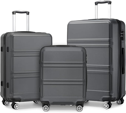 Kono 3 Piece Luggage Sets Expandable(only 28") Lightweight with Spinner Wheels TSA Lock Hardside Travel Rolling Suitcases 20in 24in 28in Carry on Grey