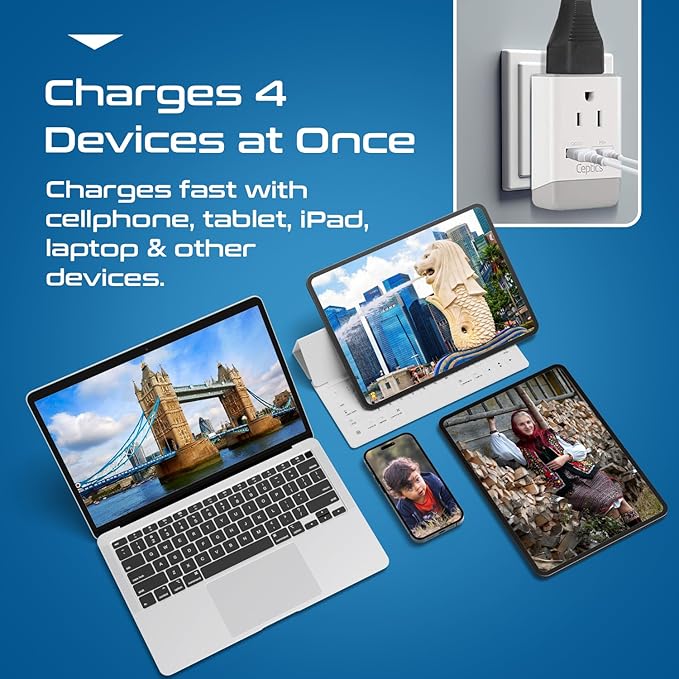 Ceptics UK Ireland Hong Kong Plug Adapter, International Power Plug with USB & USB-C - 2 USA Socket, QC 3.0 & PD - Type G Outlet Adapter for USA to British England Scotland London - Fast Charging