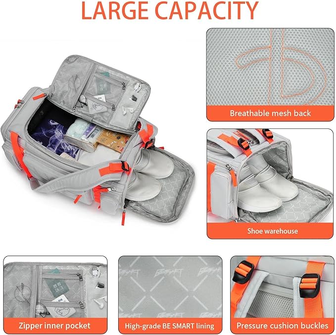 BE SMART 40L Extra Large Gym Backpack for Men, Big Gym Bag with Shoes Compartment, Waterproof Heavy Duty Duffel Bags, Men's Workout Backpacks for Outdoor Sport,Hiking,Camping,Travel