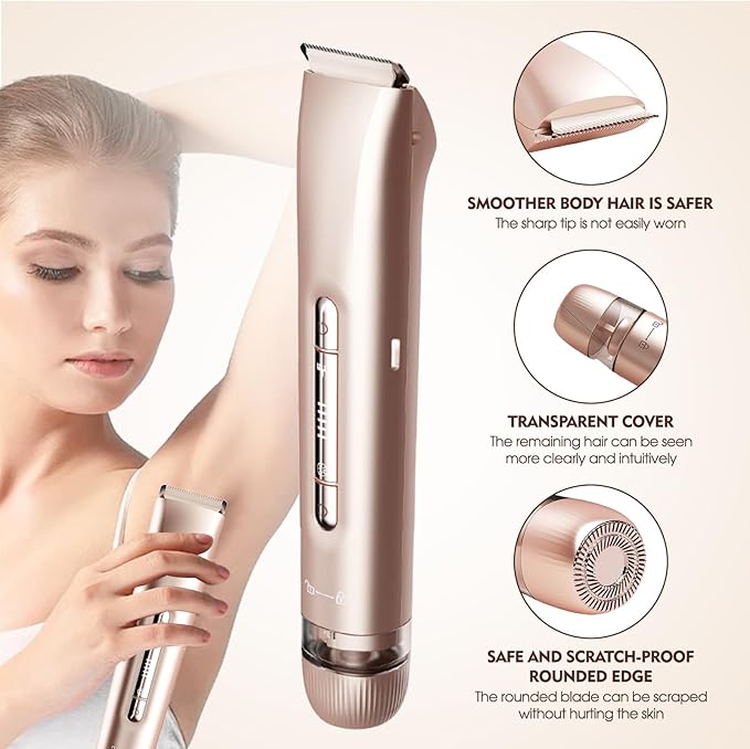 2-in-1 Electric Shaver & Bikini Trimmer for Women - Painless Electric Razor for Face,Body & Intimate Areas,Cordless Wet/Dry Shaver with Dual Blades,Waterproof for Shower&Travel(Gold)