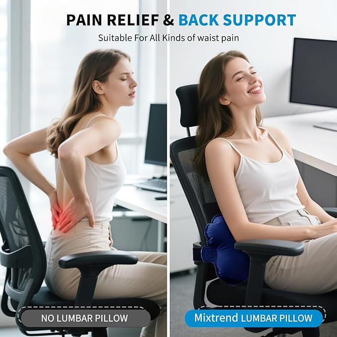 Mixtrend Travel Lumbar Pillow Inflatable Lumbar Support Pillow with Memory Foam, Back Support Pillow for Airplane Long Flight, Essential Travel Support Pillow for Women Men Kids（Navy Blue）