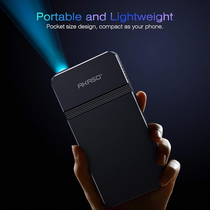 AKASO Mini Projector, Pocket-Sized DLP Portable Projector, 1080P Cookie Projector , Support HDMI WiFI Built-in Rechargeable Battery Stereo Speakers and Remote Control Movie Projector