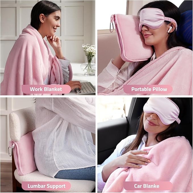 Travel Blanket, Airplane Blanket with Bag, Ultra-Soft, Warm & Lightweight, 65x40 in, Outdoor Blanket Essentials for Women, Men & Kids, Included Eye Mask, Luggage Sleeve & Backpack Clip