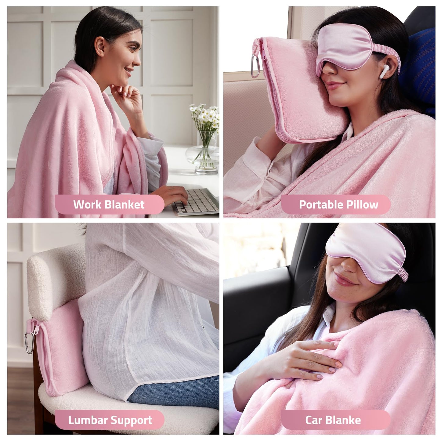 ENZOLVE Travel Blanket, Airplane Blanket with Bag, Ultra-Soft, Warm & Lightweight, 65x40 in, Outdoor Blanket Essentials for Women, Men & Kids, Included Eye Mask, Luggage Sleeve & Backpack Clip