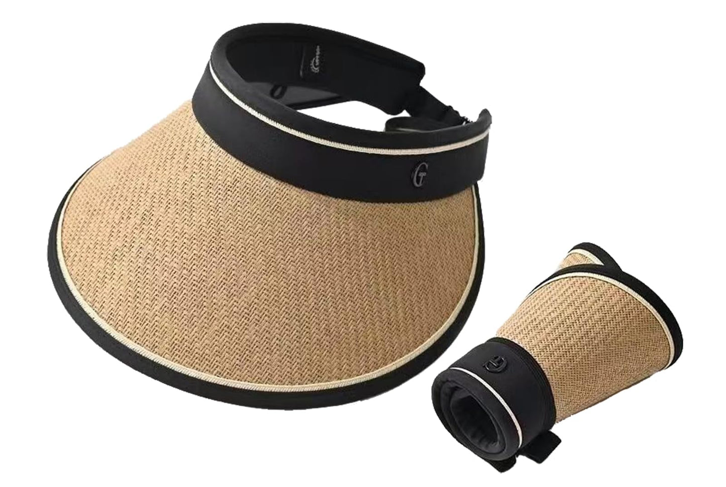UPF 50+ Sun Visors for Women Wide Brim Beach Hat Foldable Straw Visor Hat Summer Packable (Khaki-Black)