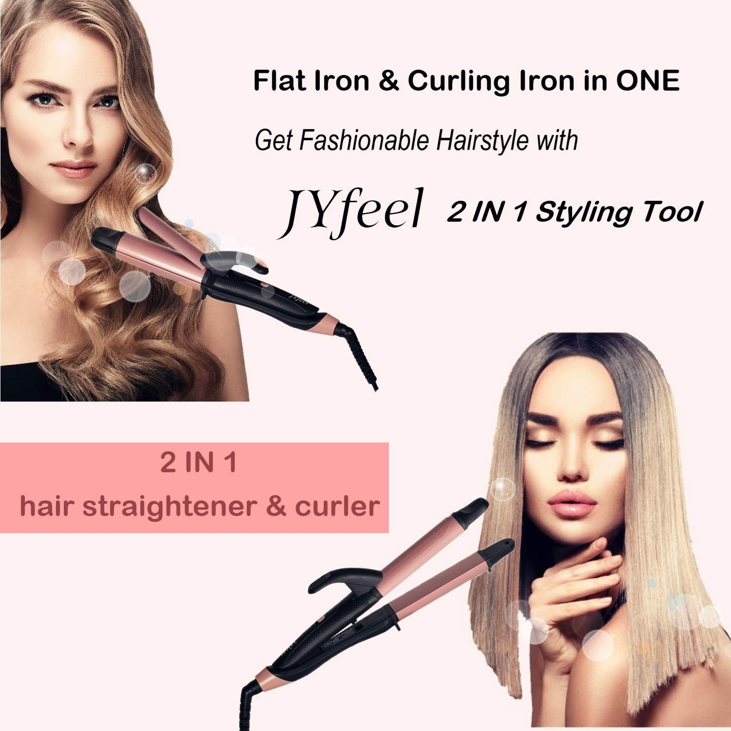 2 in 1 Travel Curling Flat Iron Dual Voltage Mini Hair Straightener and Curler (Rose Gold)