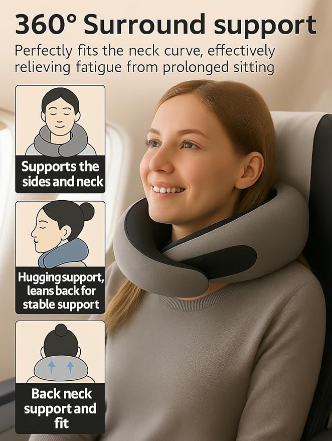 Travel Pillow, Travel Pillows for Airplanes, 100% Pure Memory Foam Travel Neck Pillow with Eye Mask & Ear Plugs, Comfort and Ergonomic Design, Ideal for Airplanes, Cars and Offices