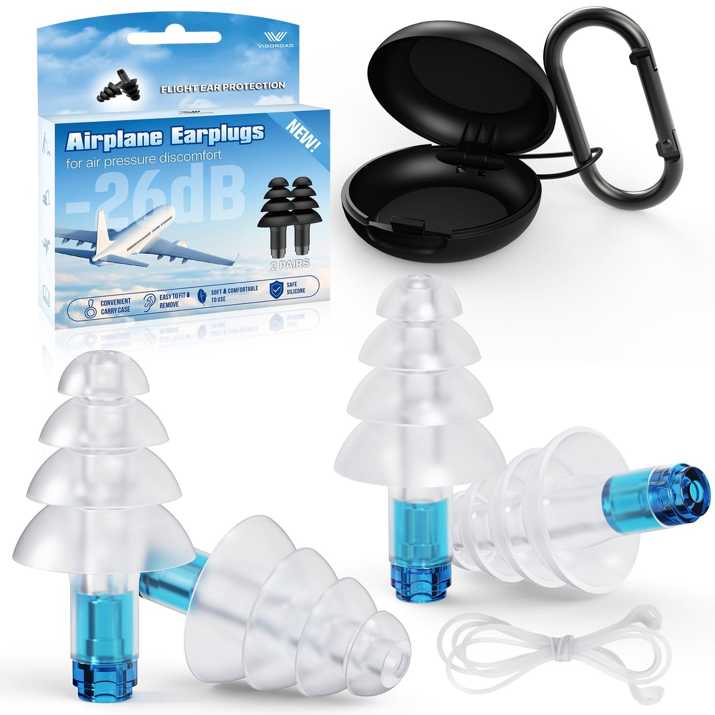 Ear Plugs for Airplane Pressure Relief, 2 Pairs Adults Soft Silicone Reusable Airplane Earplugs 26dB, with Silicone Connector Cord, Travel Essentials for Flying, Ear Protection Earplugs for Plane