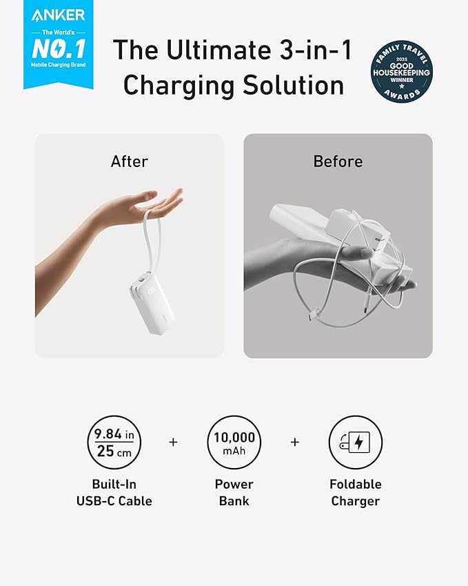Anker Nano 3-in-1 Portable iPhone Charger, 10,000mAh Power Bank with Built-in USB-C Cable and Foldable Wall Plug, 30W Max Battery Pack, Travel Essentials for iPhone 16/15 Series, Galaxy, MacBook