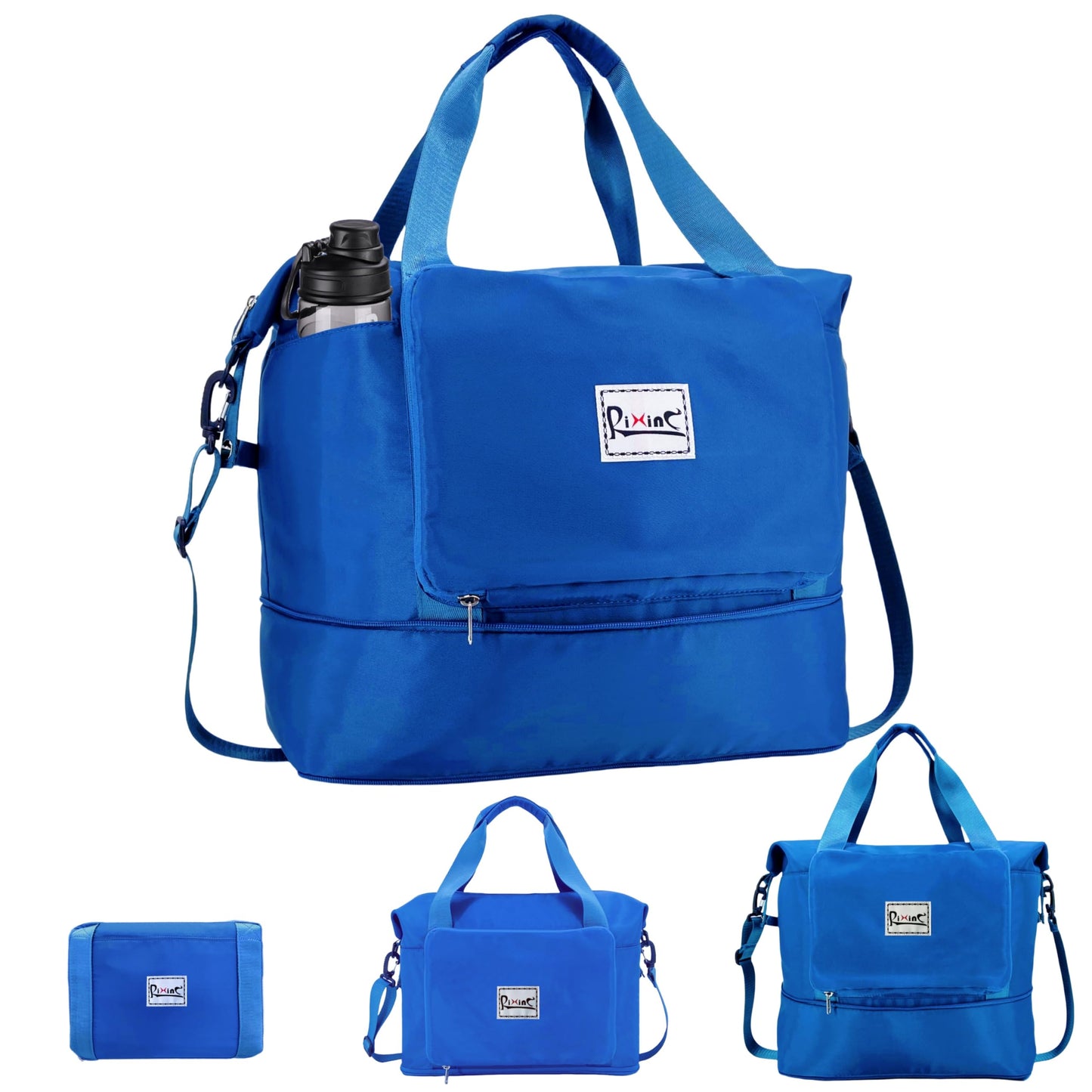 Foldable Travel Duffle Bag with Multiple Pockets, 40L Expandable Weekender Bag for Women, Overnight Carry On Gym Tote with Water Bottle Holder (Blue)