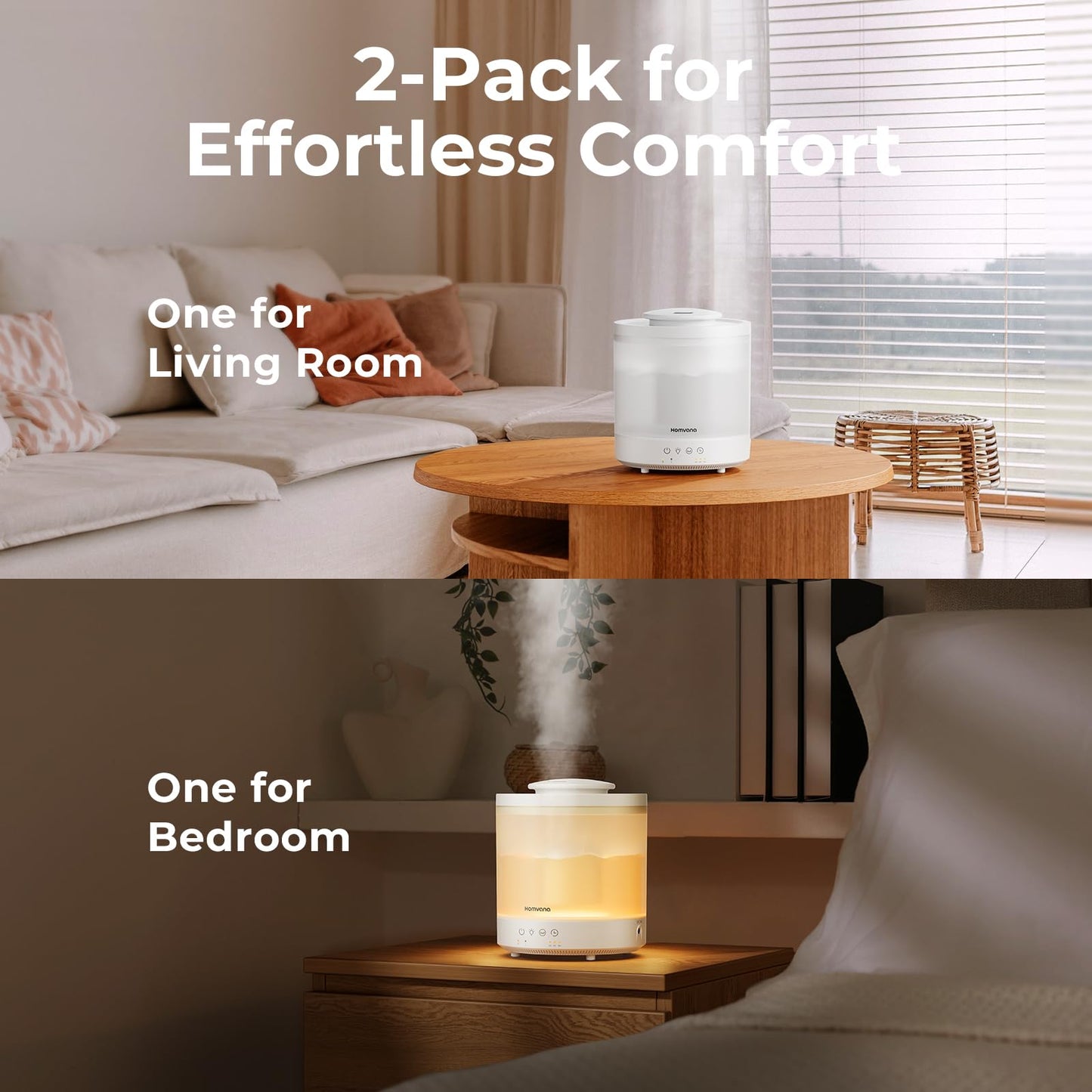 Homvana Small Humidifiers for Bedroom - 2 Packs 1.8L Cool Mist Top Fill Humidifier for Baby Nursery, Essential Oil Diffuser, 3 in 1 for Home Plants Offices and Grow Tents, 7 Color Lights, Ultrasonic