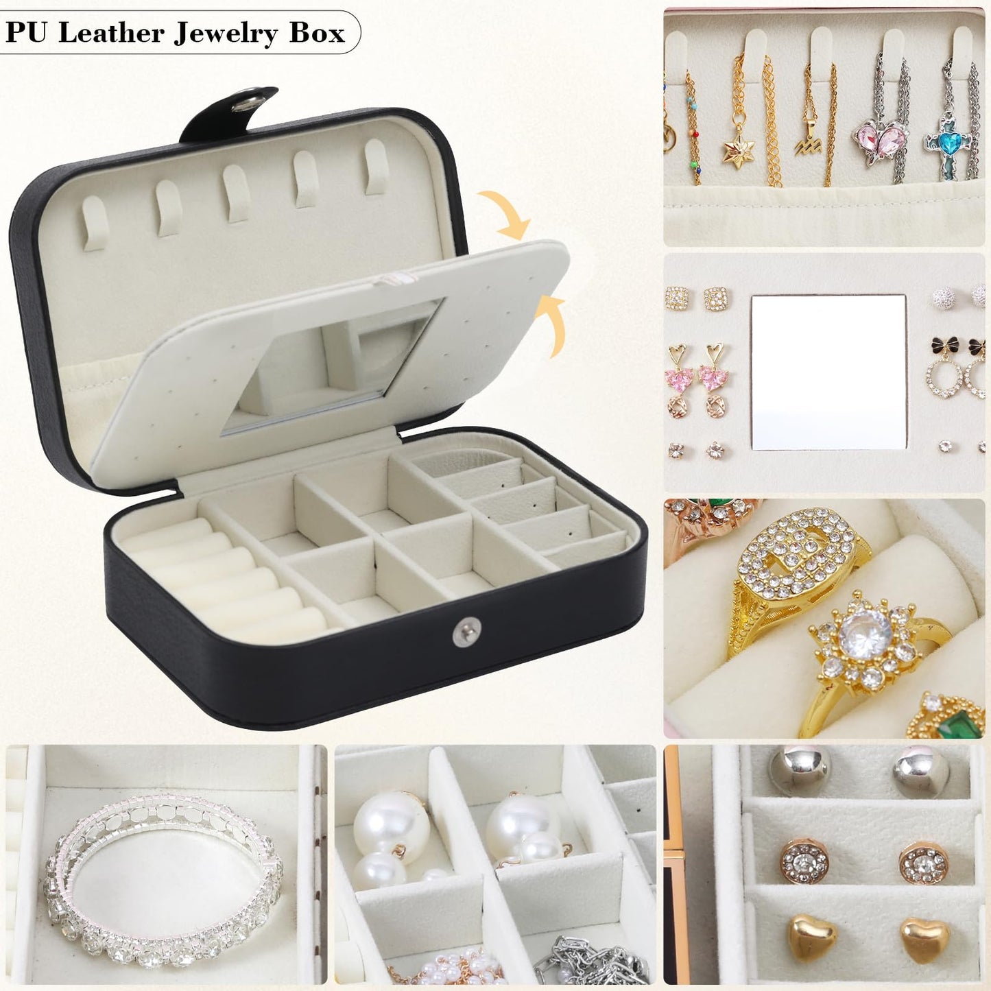 Travel Jewelry Case with Mirror, Small Jewelry Box for Women, Portable Jewelry Organizer Travel, Black Travel Jewelry Case Organizer for Necklaces, Earrings, Bracelets, Lover Gift for Men Women