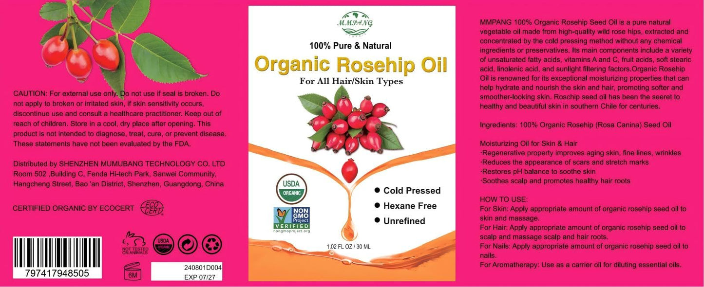MMPANG Organic Rosehip Seed Oil for Face, USDA Certified, Cold Pressed, Unrefined, 100% Pure Natural Rose Hip Oil (1oz / 30ml) for Anti-Aging, Acne Scar Treatment, Skin & Hair Care, Gua Sha Massage