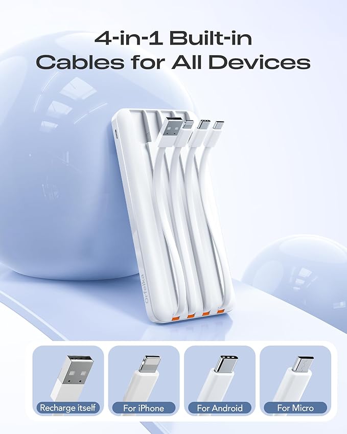 20000mAh Power Bank Fast Charging, Portable Charger with 4 Built-in Cables & 6 Outputs, 20W PD USB C Battery Pack Compatible with iPhone 16/15, Galaxy, Android, iPad & More (Travel Essential)