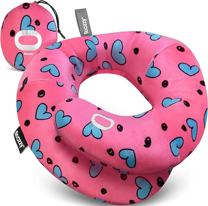 BCOZZY Kids Travel Neck Pillow (3-7 Y/O)- Patented Soft Toddler Pillow for Head & Chin Support in Car Seat, Airplane, and Road Trip Sleeping. Adjustable Size. Fully Washable. Carry Bag. Small, Hearts