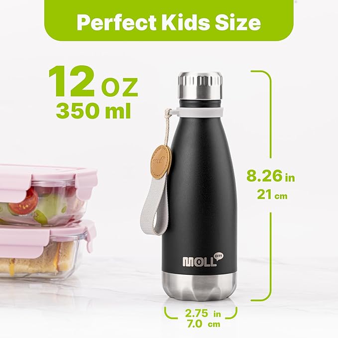 Kids Water Bottle for School-12 oz Stainless Steel Double Wall Vacuum Insulated Sports Water Bottle for Boys-Reusable Metal Travel Leak Proof Flask BPA Free(Black)