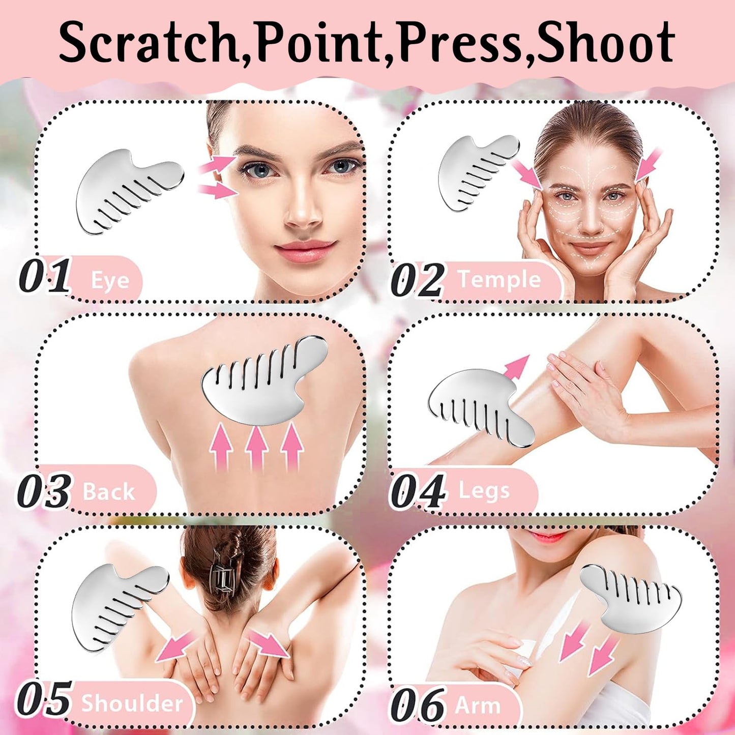 Gua Sha Facial Tool and Face Roller Set, Stainless Steel Lymphatic Drainage Massager for Face, Head, Eyes, Chin and Jaw, Lifting, Massage Scraping with Travel Pouch