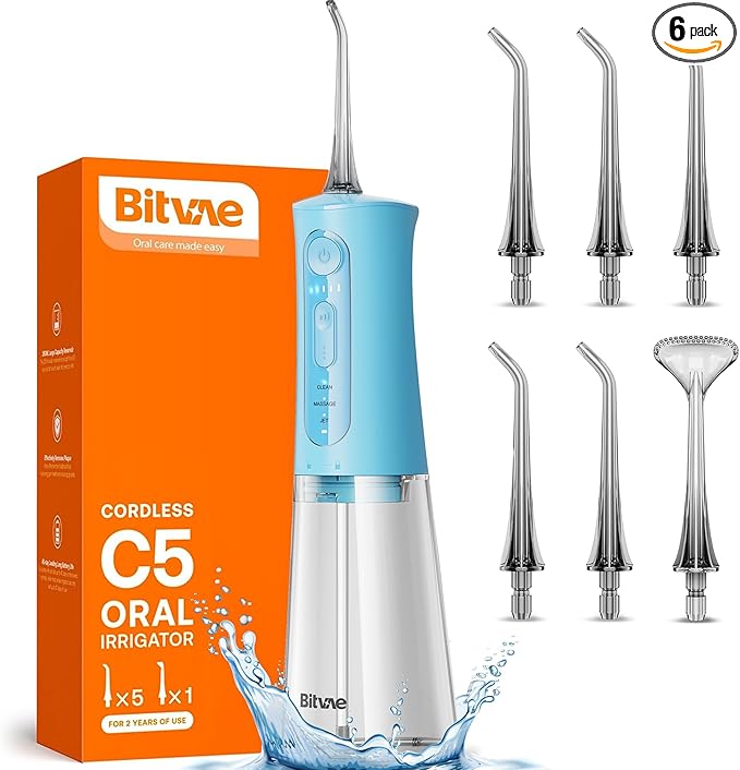 Bitvae Water Dental Flosser Teeth Picks, Cordless Portable Oral Irrigator, Powerful and Rechargeable Oral Irrigator, Brace Care, IPX7 Waterproof Water Dental Picks for Cleaning, Sky Blue
