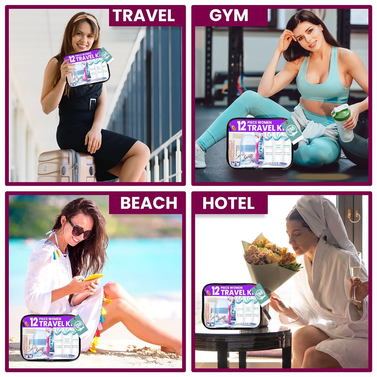 Trektote Travel Toiletry Kit For Women – 12 Piece Set Of Travel Size Toiletries, TSA Compliant, Travel Essentials, Includes Shampoo And Conditioner, Body Wash, Toiletry Bag & More