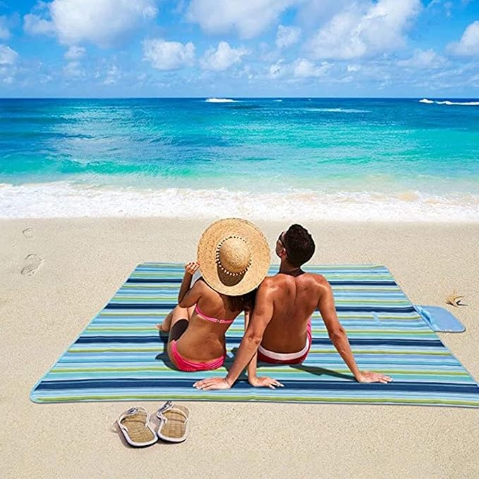 K Y KANGYUN Picnic Blanket | Beach Mat| Picnic Blankets for Indoor and Outdoor, 80" x 60" Sandproof Waterproof Larger Mats for Travel, Camping, Hiking, Park Grass, Handy Tote, Foldable (Blue Line)