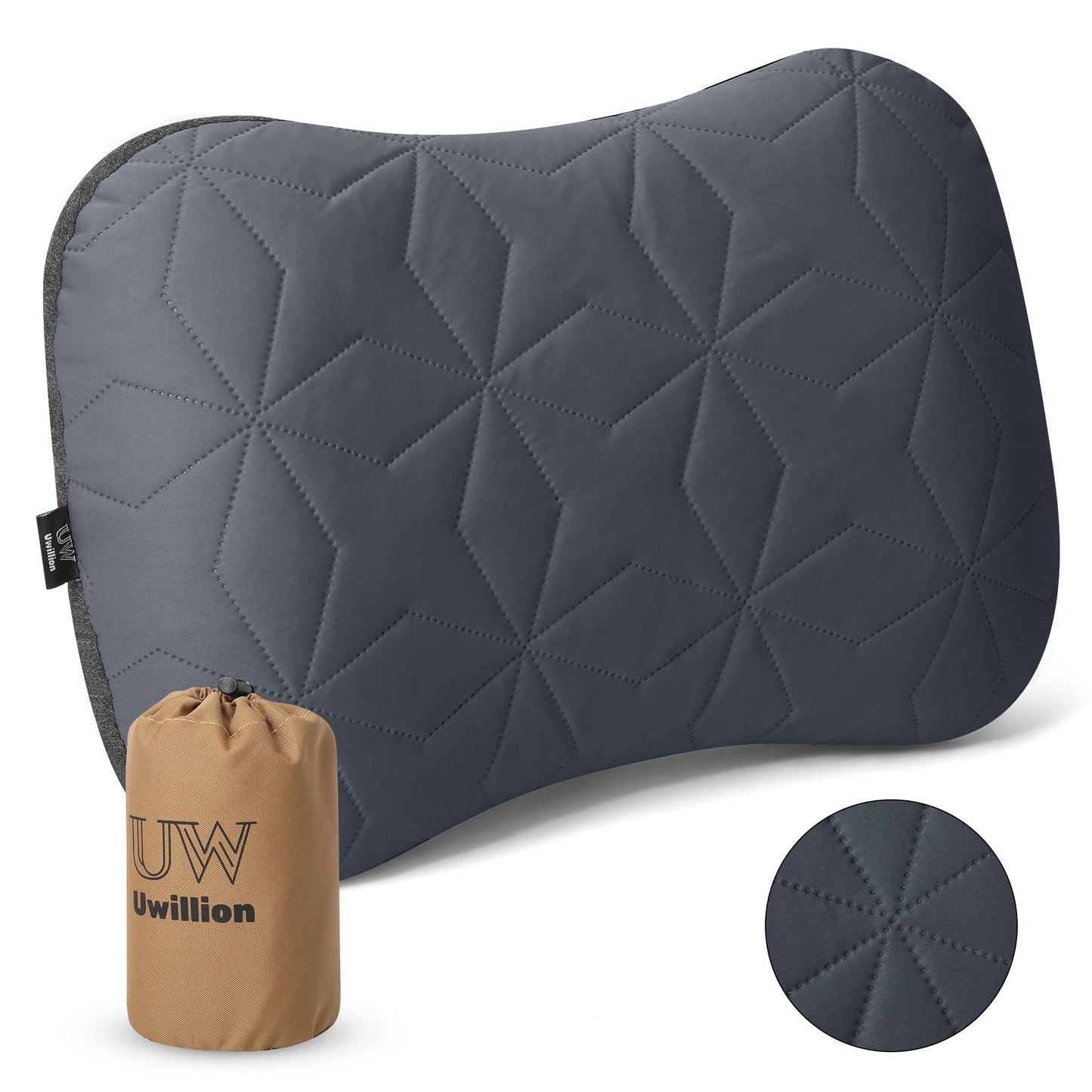 UWILLION Camping Pillow with Removable Cover - Ultralight Inflatable Pillow for Camping Lightweight, Ergonomic and Washable for Camping, Hiking, and Travel Gray