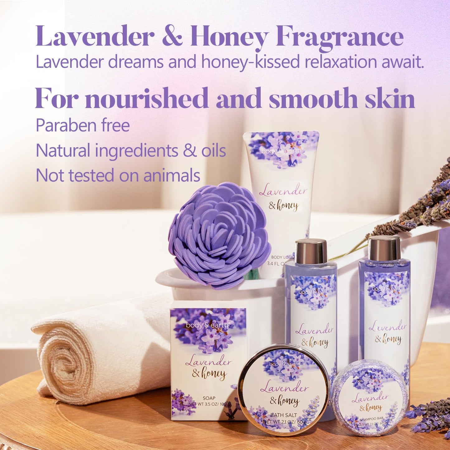 Bath and Body Gift Set - Lavender Gifts for Women, Body & Earth Bath & Shower Sets, 8 Pcs Lavender Honey Gift Sets with Bubble Bath, Lotion Set, Soap, Spa Kit for Women, Christmas Gifts for Mom