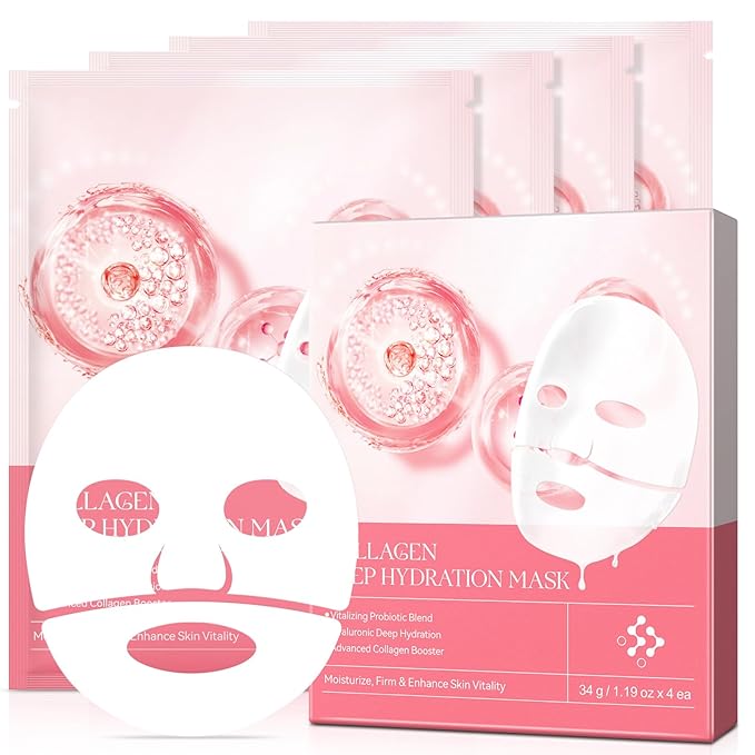 Collagen Face Mask, Hydrating Overnight Hydrogel Mask, Face Masks Skincare Anti Wrinkle Moisturizing, Facial Masks for Women Skin Care Sheet Masks for Face (4ea-Pink)