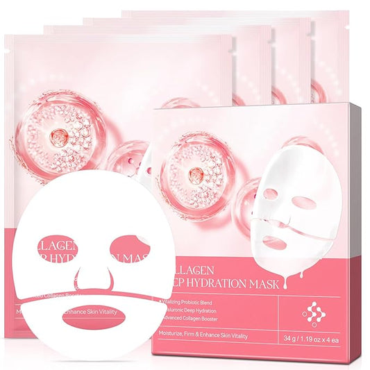 Collagen Face Mask, Hydrating Overnight Hydrogel Mask, Face Masks Skincare Anti Wrinkle Moisturizing, Facial Masks for Women Skin Care Sheet Masks for Face (4ea-Pink)