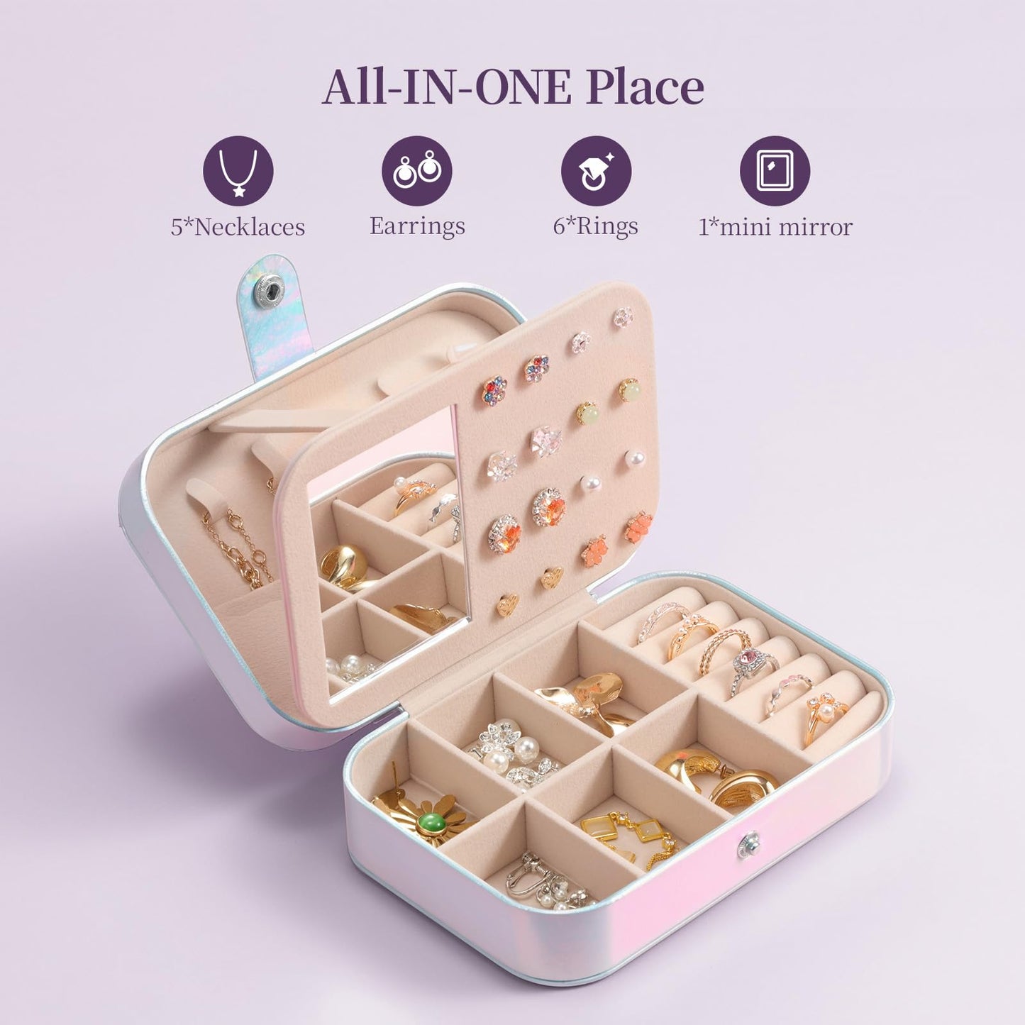 LAMU Travel Jewelry Box,Portable Jewelry Organizers and Stroage, Iridescent Rainbow Small Jewelry Case for Earrings Rings Necklaces,Travel Essentials for Women Girls Bridesmaid Gifts (Silver)