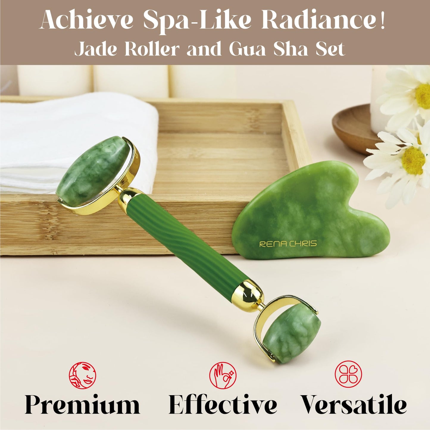 Rena Chris Gua Sha and Face Roller Set: Anti-Breakage Jade Roller for Long-Lasting Use, Jawline Sculpting and Puffiness Reducing, Gua Sha Facial Tools for Self Care Gift (Green)