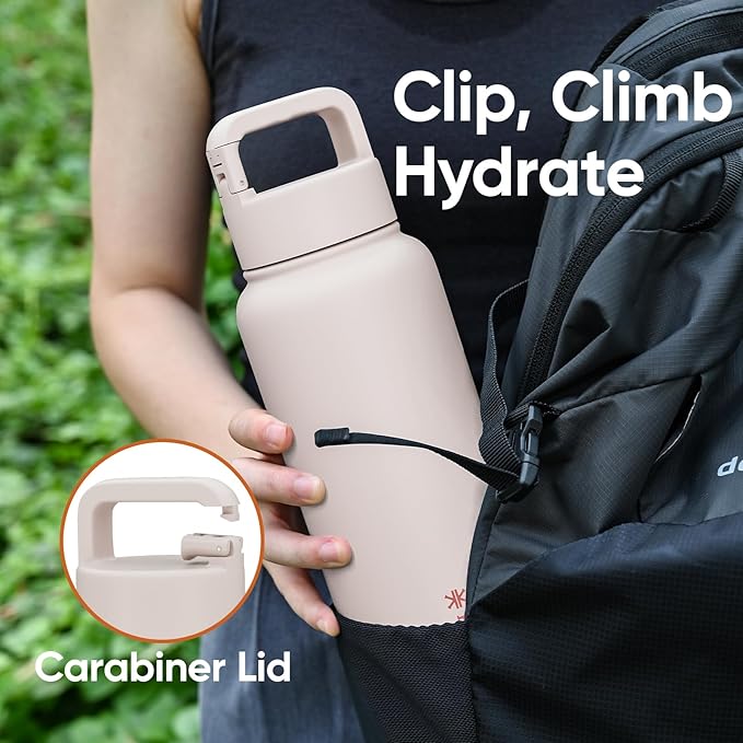 32 oz Insulated Water Bottle, 2-in-1 Lid, Straw & Spout with Protected, Leak Proof, Keep Cold, Stainless Steel, Metal, Reusable, Handle, for Outdoor, Gym and School, 2 Lids, Pale Pink