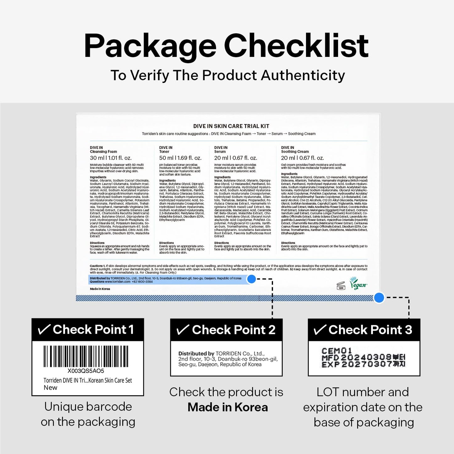 Torriden DIVE IN Trial Kit | Hyaluronic Acid Infused Daily Skincare Kit - 4 Step Regimen with Foam Cleanser, Facial Toner, Serum, and Cream | Korean Skin Care Travel Kit, Travel Essential