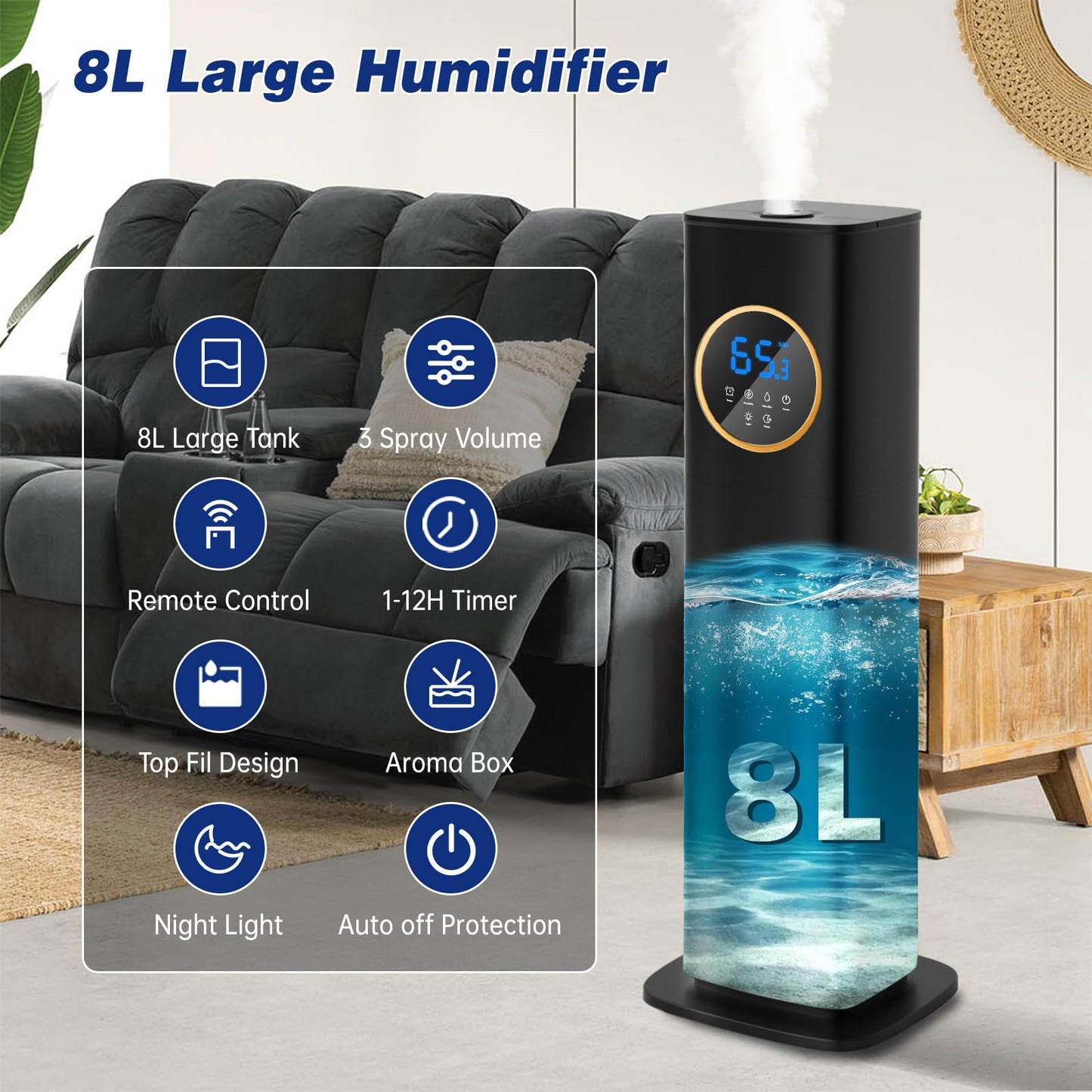 LACIDOLL Humidifiers for Bedroom, 2.1Gal/8L Humidifier large room with Essential Oil Diffuser, Top Fill Whole House Cool Mist Humidifiers for Plants Baby Kids Adults(Black)