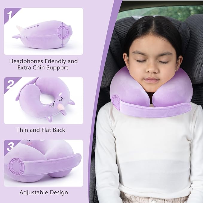 Car Pillow for Big Kids Travel Neck Pillows, Foam Neck Support Travelling Pillow with Washable Cotton Pillowcases and Storage Bag, for Airplane, Train, Flight and Home Use Unicorn Purple