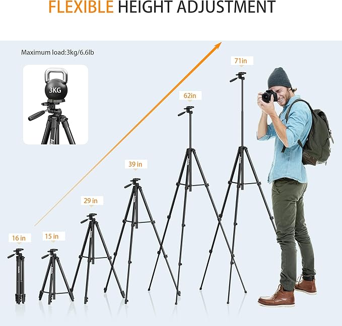 71″ Camera Tripod Aluminum Tall Tripod Stand Compatible with Canon Nikon with Wireless Remote Phone Holder and Bag Max Load 6.6 LB
