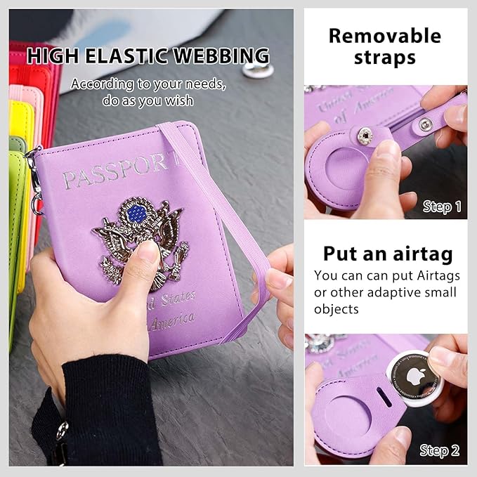 Cnycmy Passport Holder with Airtag,Passport-Wallet-Holder for Women, RFID Passport Holder with Slot Waterproof, PU Leather Travel Passport Case (purple1)