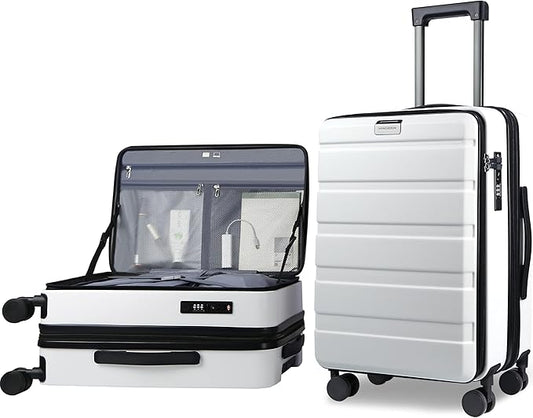 KROSER Carry On Luggage with Spinner Wheels & Built-in TSA Lock, Expandable Top Loading Hard Shell Suitcase Large Capacity Durable Rolling Luggage with USB Port, Carry-On 20-Inch, White