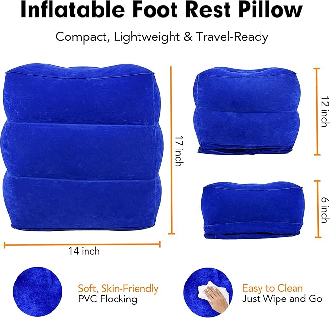 Inflatable Foot Rest Pillow for Travel, Adjustable 3 Layers Height Cushion Kids/Adults Airplane Travel Pillow, Suitable for Office, Home, Trains, Cars - Blue
