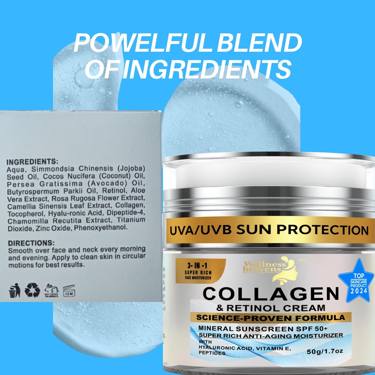 Daily Face Moisturizer with SPF 50 - Retinol, Hyaluronic Acid & Collagen with Age-Defying, Lift & Firm Cream and Sun Protection - Day & Night Repair Moisturizing Anti-Aging Sunscreen Lotion | 1.7oz